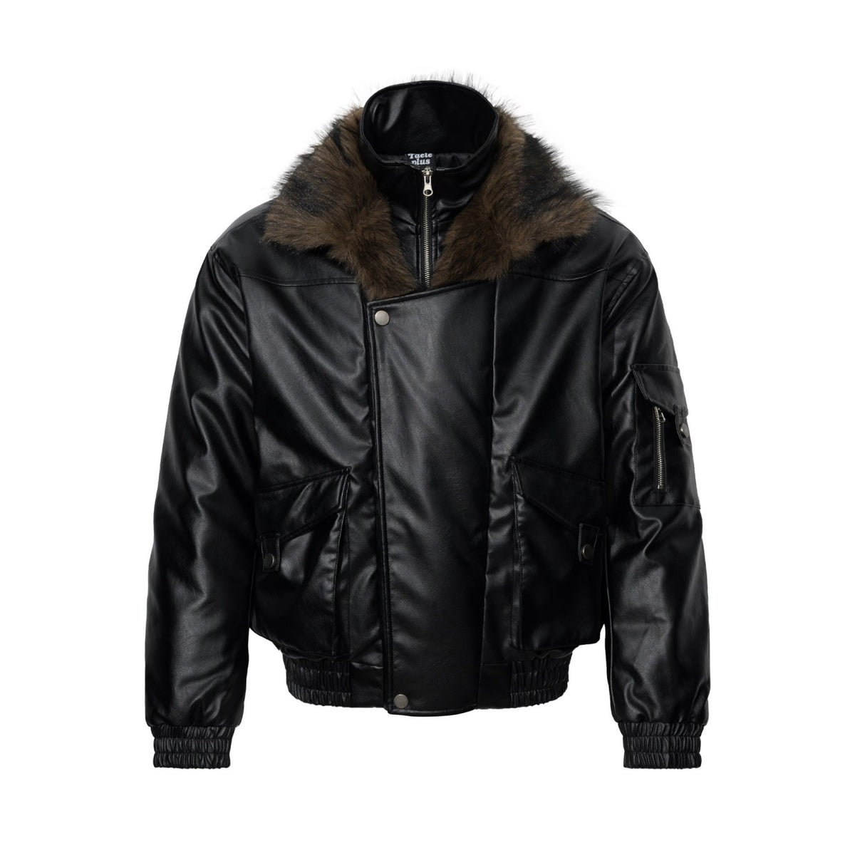 Faux Fur Collar Asymmetric Faux Leather Bomber Jacket