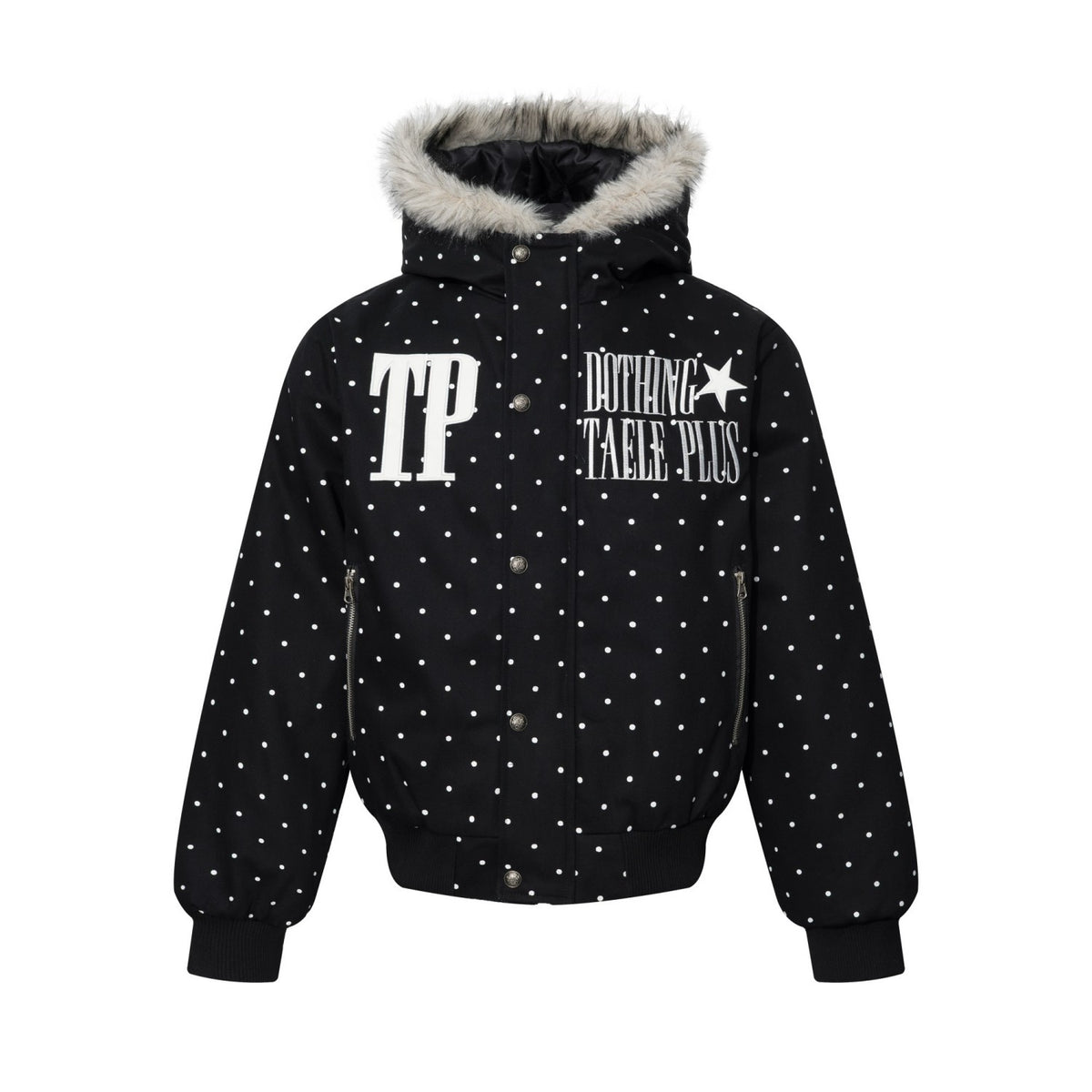 Polka Dot Graphic Faux Fur Hooded Jacket