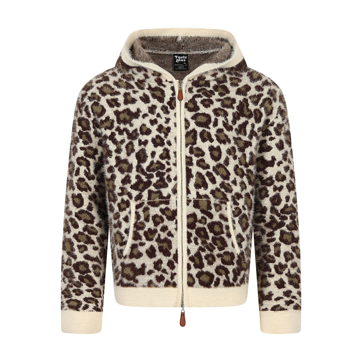 Leopard Jacquard Zip-Up Hooded Knit Cardigan