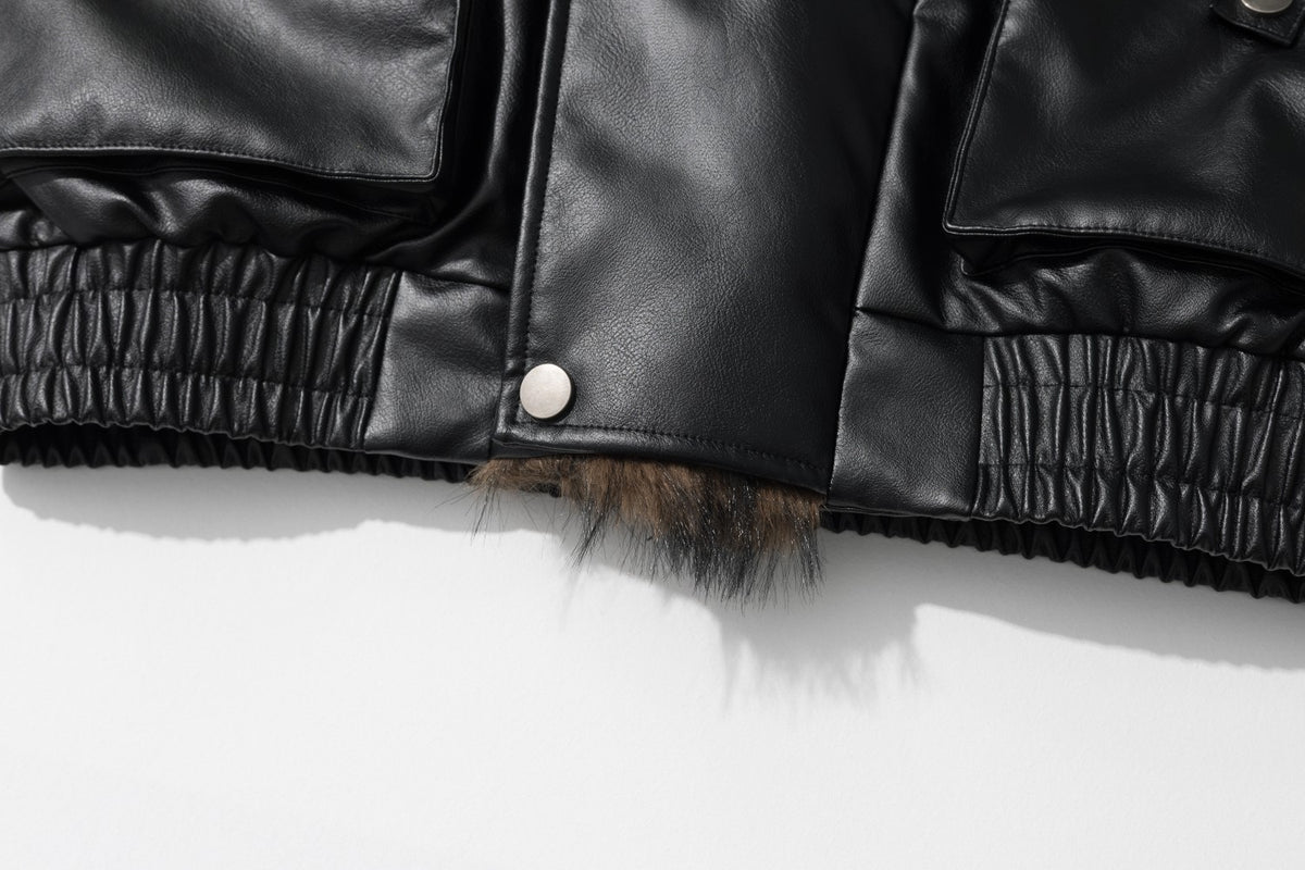 Faux Fur Collar Asymmetric Faux Leather Bomber Jacket