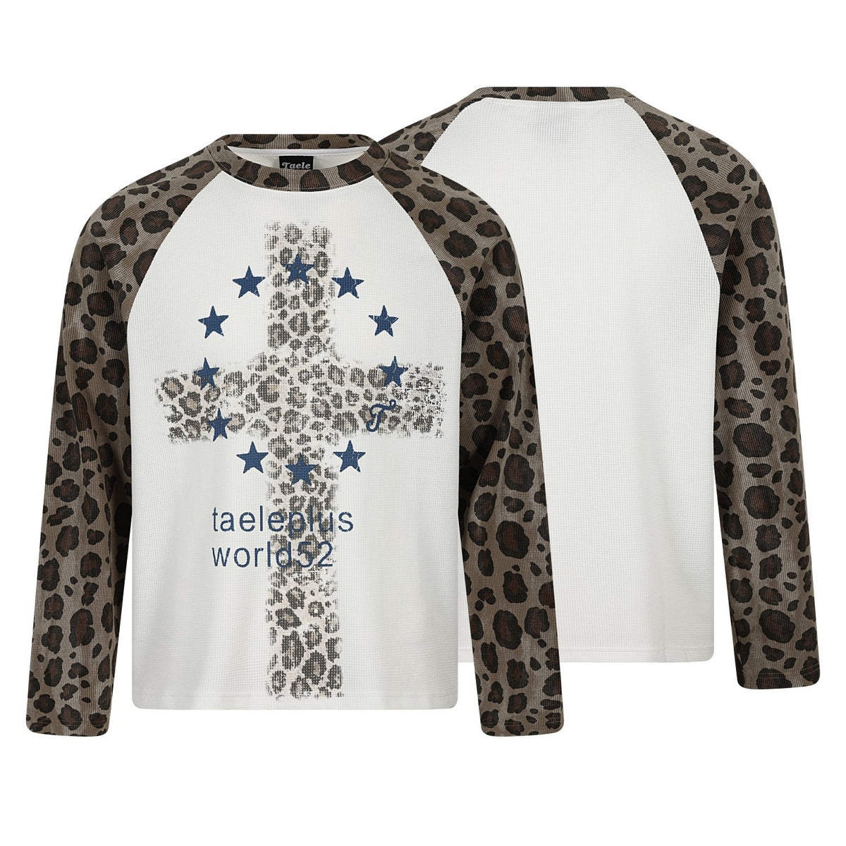 Cross Star Print Leopard Raglan Waffle Long Sleeve