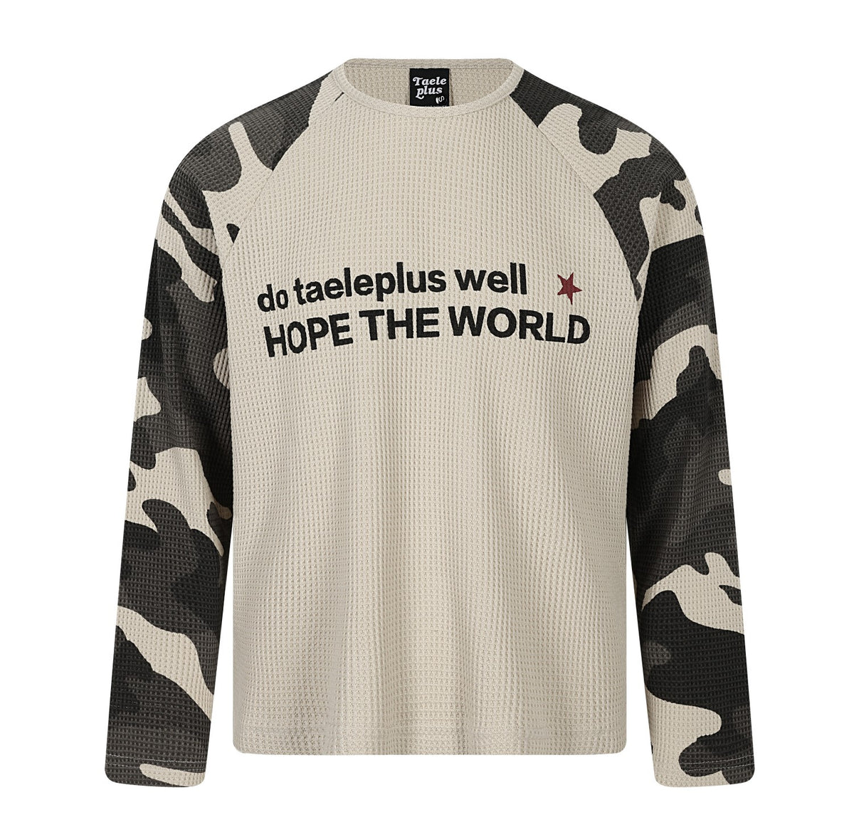 Camo Raglan Spliced Waffle Knit Letter Graphic Long Sleeve