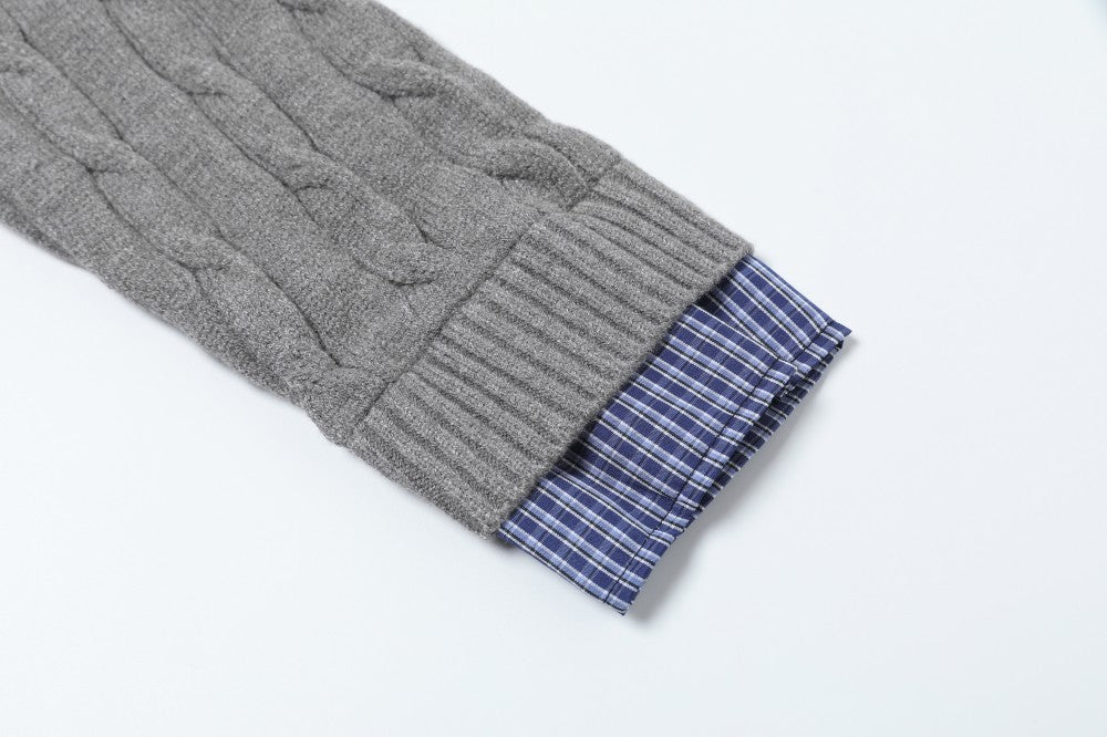 Cable Knit Fake Two-Piece Collared Sweater