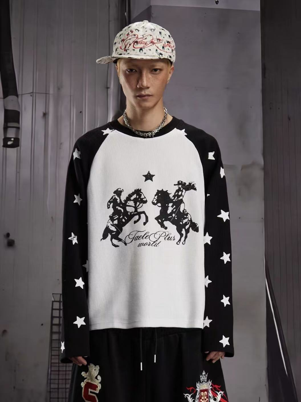 Western Cowboy Star Print Raglan Waffle Knit Long Sleeve
