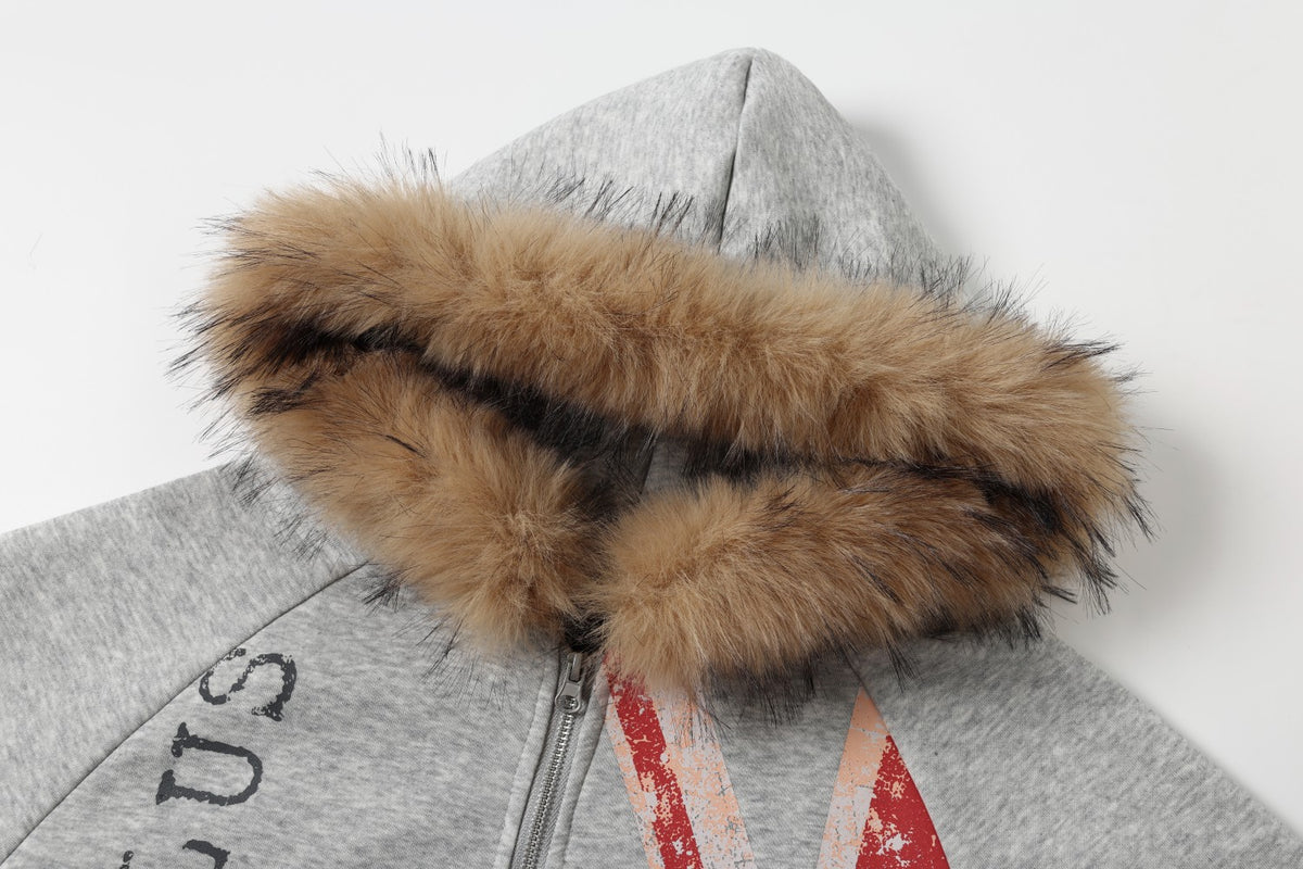 Vintage Union Jack Faux Fur Trim Zip Up Hoodie