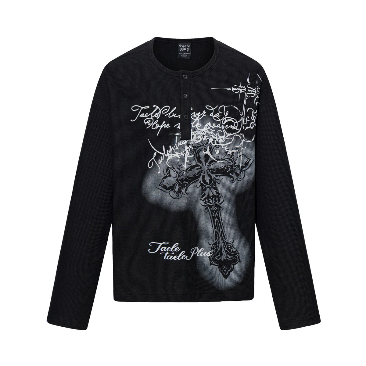 Gothic Cross Script Graphic Waffle Henley Long Sleeve