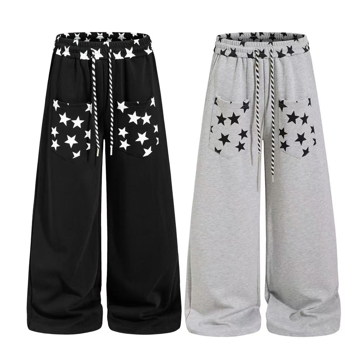 Star Print Pockets Wide-Leg Sweatpants
